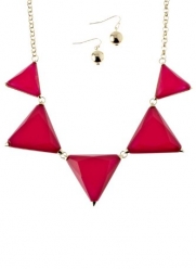 Goldtone with Fuchsia Pink Triangle Patterned Necklace and Earring Set Fashion Jewelry