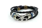 Wild Wind Cross Crossbones Skull Alloy Plate Decorated Multi-Strand Braided Cord Buttoned Adjustable Length Leather Wrap Bracelet