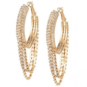 JoinMe Women's Clear Crystal 3 Strand Drop Tassel Wedding Bridal Hoop Pierced Earrings Gold-Tone