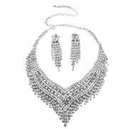 Wedding Jewelry Sets Silver Cz Crystal Rhinestone Tassels Statement Necklace and Earrings Jewelry Sets for Brides