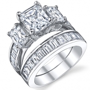 2 Carat Radiant Cut Cubic Zirconia CZ Sterling Silver Women's Engagement Ring Set Size 9