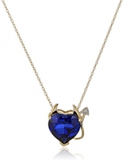 14k Yellow Gold Created Sapphire Heart Devil Pendant Necklace with Diamond Accent, 18