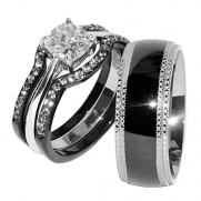 His & Hers 4 PCS Black IP Stainless Steel CZ Wedding Ring Set/Mens Matching Band-SIZE W5M11