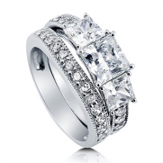 BERRICLE Sterling Silver Princess Cubic Zirconia CZ 3 Stone Art Deco Engagement Wedding Ring Set