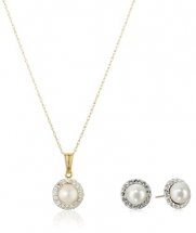 10k Yellow Gold, Freshwater Cultured Pearl (5.5-6 mm), and Crystal Earrings and Pendant Necklace Set, 18