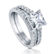 BERRICLE Sterling Silver 2.6 ct.tw Princess Cubic Zirconia CZ Solitaire Engagement Wedding Ring Set