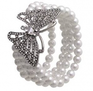 Stunning Crystal Butterfly & White Faux Pearl Stretch Bracelet - Prom/Wedding Jewelry