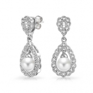Bling Jewelry White Simulated Pearl Drop Cubic Zirconia Bridal Dangle Earrings Rhodium Plated