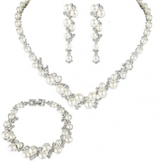 EVER FAITH Bridal Simulated Pearl Necklace Earrings Bracelet Set Clear Austrian Crystal Cream