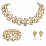 EVER FAITH Austrian Crystal Bridal Cream Simulated Pearl Leaf Jewelry Set Clear Gold-Tone