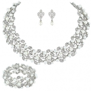 EVER FAITH Austrian Crystal Bridal Cream Simulated Pearl Leaf Jewelry Set Clear Silver-Tone