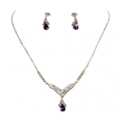 Silvertone Dark Purple Tear Drop Rhinestone Necklace Earring Set