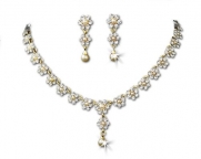 Gold-tone Rhinestone Flower Simulated White Pearl Bridal Necklace Earring Set