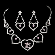 Silver-Tone Pink Sweet 16 Bridal Wedding Necklace Earring Set