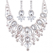 ACCESSORIESFOREVER Women Bridal Wedding Prom Fashion Jewelry Set Crystal Rhinestone Luxurious Dazzle Necklace Silver