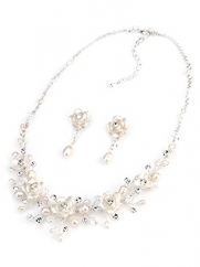 USABride Rose Flower Wedding Jewelry Set with Freshwater Pearls, Necklace and Earrings 1639