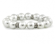White Faux Pearl Stretch Bracelet with Rhinestones on Silver - Bridal Jewelry