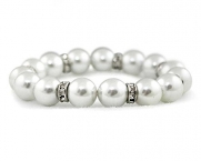White Faux Pearl Stretch Bracelet with Rhinestones on Silver - Bridal Jewelry