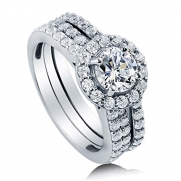 BERRICLE Sterling Silver 2.08 ct.tw Round Cubic Zirconia CZ Halo Engagement Wedding Bridal Ring Set