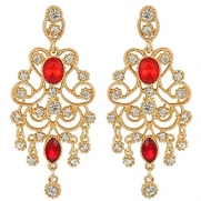 JoinMe Women's Vintaged Style Crystal Drop Chandelier Filigree Pierced Dangle Earrings Gold-Tone Red