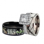 His & Hers Black & White Titanium Camo Sterling Silver Halo Engagement Wedding Rings Set (Size Men 11; Women 10)