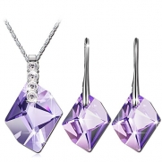 Purple Authentic SWAROVSKI Crystals Jewelry Sets for Women Fashion Necklace Earring Set Bridal Wedding Bridesmaid Engagement Statement Costume Party Prom Holiday Rhinestone Silver Set White Gold Filled Plated Birthday Anniversary Gifts for Her Girls Free 