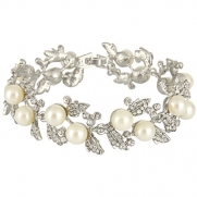 EVER FAITH Bridal Silver-Tone Ivory-color Simulated Pearl Flower Leaf Clear Austrian Crystal Bracelet