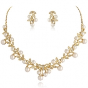 EVER FAITH® Women's Simulated Pearl Vine Leaf Bowknot Necklace Earrings Set Gold-Tone