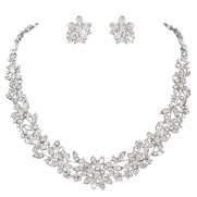 EVER FAITH® Wedding Cluster Flower Leaf Necklace Earrings Set Clear Austrian Crystal Silver-Tone