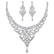 EVER FAITH® Bridal Silver-Tone Vase Flower Clear Austrian Crystal Necklace Earrings Set
