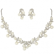 EVER FAITH® Simulated Pearl Vine Leaf Bowknot Necklace Earrings Set Silver-Tone