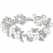 EVER FAITH Bridal Silver-Tone White Simulated Pearl Flower Leaf Clear Austrian Crystal Bracelet
