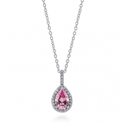 BERRICLE Sterling Silver Pear Pink Cubic Zirconia CZ Halo Wedding Fashion Pendant Necklace 18