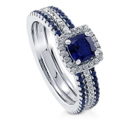 BERRICLE Sterling Silver Cushion Simulated Blue Sapphire Cubic Zirconia CZ Halo Stackable Ring Set