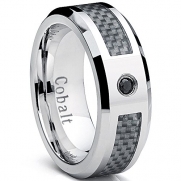 Cobalt Men's Wedding Band Ring with White Carbon Fiber Inlay and 0.04 Black Diamond, 8mm Size 8