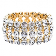 ACCESSORIESFOREVER Bridal Wedding Jewelry Crystal Rhinestone Striking Rows Stretch Bracelet Gold