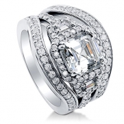 BERRICLE Sterling Silver Asscher Cubic Zirconia CZ 3 Stone Engagement Wedding Stackable Ring Set