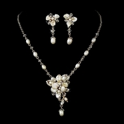 Gold-Tone Simulated Pearl Rhinestone Bridal Wedding Necklace Earring Set