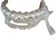 Multi-Strand White Faux Pearl & Rhinestone & Crystal Bracelet with Ribbon - Bridesmaid Jewelry
