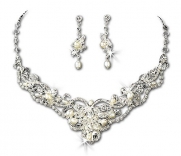 Silver-Tone Ivory Simulated Pearl Rhinestone Bridal Necklace Earring Set V1212