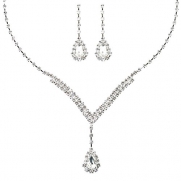 ACCESSORIESFOREVER Bridal Wedding Jewelry Set Necklace Earring Crystal Rhinestone V Drop J738 SV