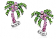 Adorable Silver Tone Tropical Palm Tree Green and Pink Crystal Stud Earrings Fashion Jewelry