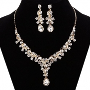 FAYBOX Glamorous Crystal Rhinestone Beading Necklace Earrings Wedding Jewelry Sets Gold-tone