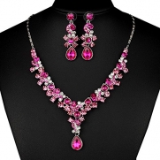 FAYBOX Glamorous Crystal Rhinestone Beading Necklace Earrings Wedding Jewelry Sets Fuschia