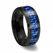 8mm Black Tungsten Ring with Blue & White Line Carbon Fiber Wedding Band Size 9
