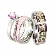 His & Hers 3 pc Camo Pink Stainless Steel and Titanium Engagement Wedding Rings Set (Size Men 10; Women 8)