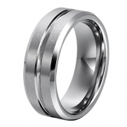 L-Ring 8MM Silver Men's Tungsten Carbide Wedding Ring Brushed Matte Grooved Center Polished Edges, Size 6-14(9)