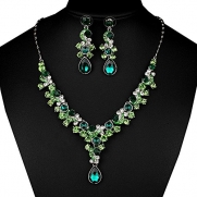 FAYBOX Glamorous Crystal Rhinestone Beading Necklace Earrings Wedding Jewelry Sets Emerald
