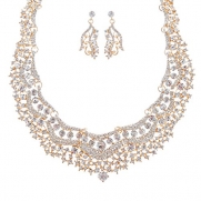 ACCESSORIESFOREVER Bridal Wedding Prom Jewelry Set Crystal Rhinestones Stunning Bib Necklace Gold