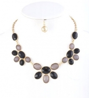 Gorgeous Gold with Black and Gray Jewel Necklace and Earring Set Fashion Jewelry